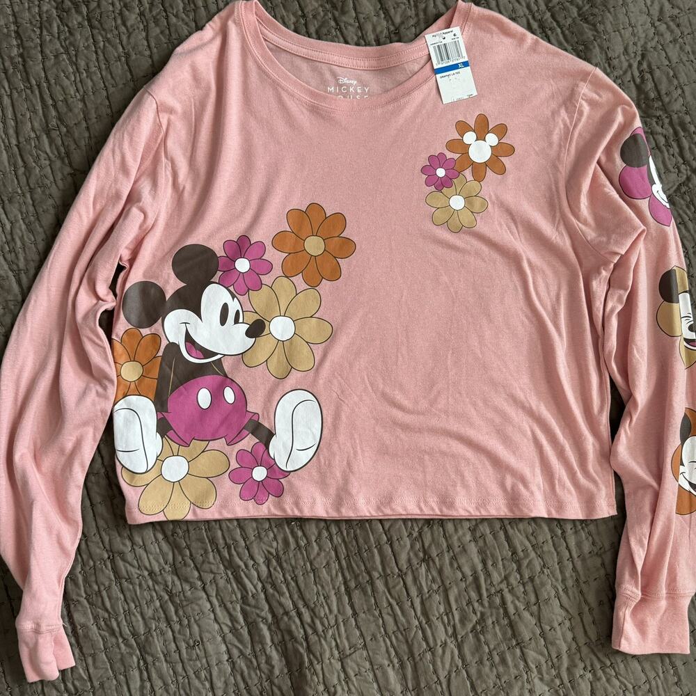 Disney Mickey Mouse NEW Womens/Juniors XL Cropped T-Shirt Peach Long Sleeve